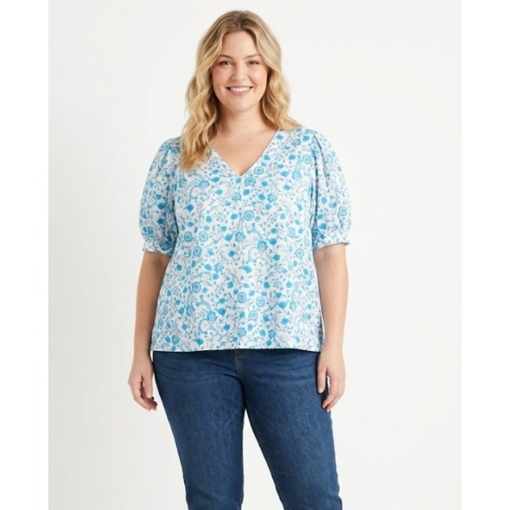 Draper James Floral Puff Sleeve Top XXL Blue White Cotton V-Neck Blouse